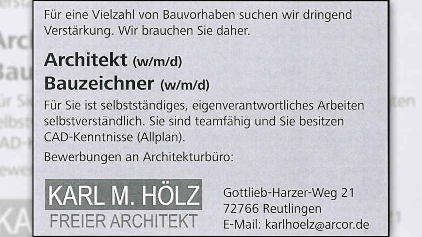 Stellenangebot<br>Architekt (m/w/d), Bauzeichner (m/w/d)